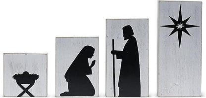 Ornativity Wooden Block Nativity Scene - Black Xmas Silhouette Christmas Figures on White Painted Wood Blocks Indoor Nativity Table Top Shelf Sitter Mantle Centerpiece Set Decorations - 1 Set