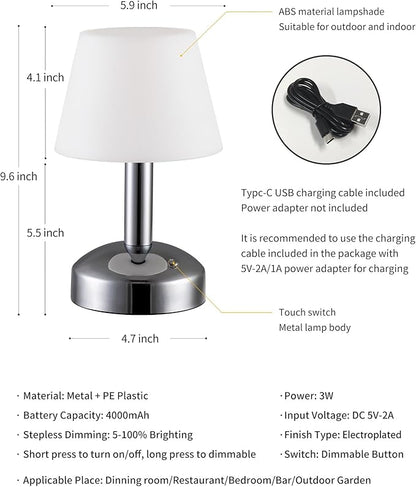 KDG Modern Cordless Small Table Lamps, Outdoor Portable Shower Waterproof LED Dimmable Desk Lamp, 5000mAh Rechargeable Battery Operated Light for Restaurant, Bedroom, Bathroom, Night Light (Silver)