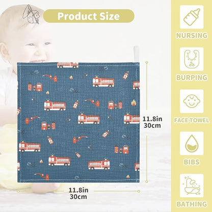vvfelixl Baby Muslin Washcloths, Firefighters Pattern Baby Burp Cloths, Cotton Baby Face Towel for Newborn Infants Boys Girls Soft and Absorbent 11.8 X 11.8 in, 3 Pack Blue