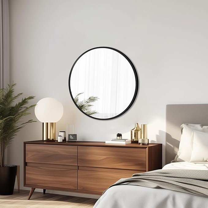 24 Inch Black Round Wall Mirror, Circle Bathroom Mirror with Brushed Metal Frame, Anti-Rust Tempered Glass Vanity Mirror for Bedroom, Entryway, Living Room Farmhouse Decor