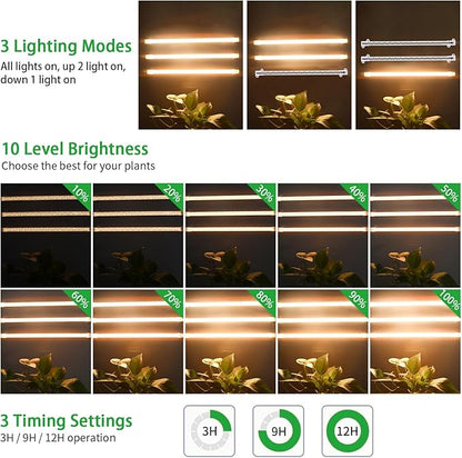 RWNTAO LED Grow Light Strips, Full Spectrum Plant Growing Lights for Indoor Plants 3500K, 144 LEDs Plant Lamp with 3/9/12H Timer, 10 Dimmable Levels, 3 Head 13 Inches