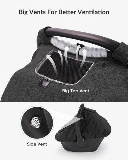 TinlyFinly Waterproof Car Seat Cover for Baby, 2-Layer Car Seat Rain Cover with Clear Window & Sunshade & Mesh Cover, Universal Infant Carseat Canopy for Stroller, Protect from Rain and Snow - Black
