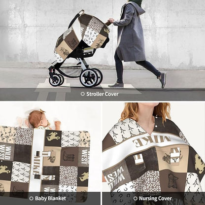 Personalized Baby Car Seat Canopy for Babies, Custom Name Car Seat Covers for Boys, Opening Minky Nursing Breastfeeding Cover for Infant, Carseat Canopies for Newborn (Western Cowboy)