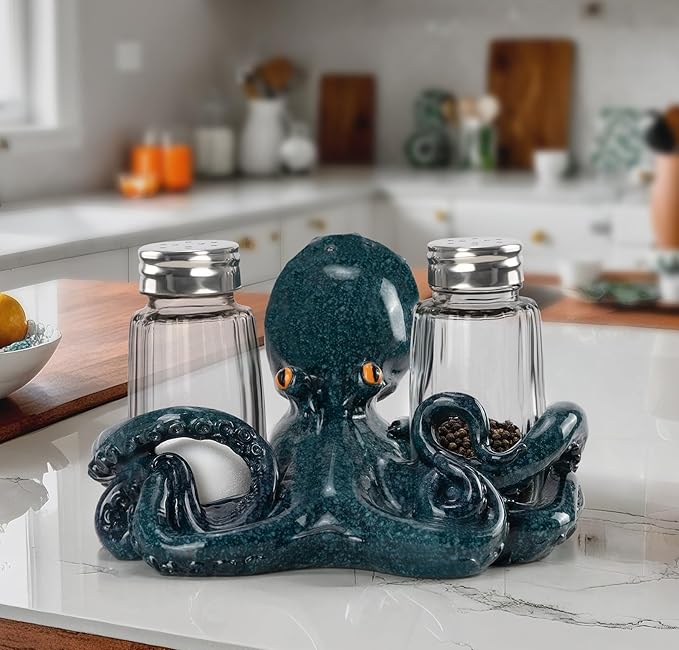 Decorative Octopus Salt and Pepper Shaker Holder, Coastal Kitchen Decor (Octopus)