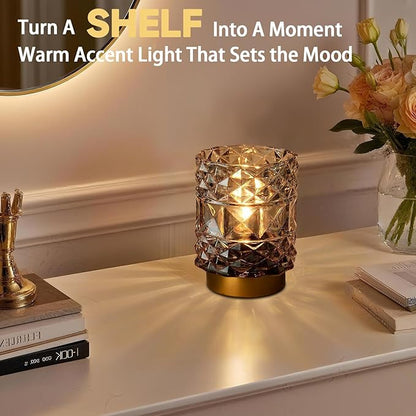 MJ PREMIER Battery Operated Lamp with Timer, Cordless Table Lamps for Shelf Decor, Rhombus Texture Aesthetic Crystal Lamp, Small Decorative Lamps for Bedroom/Bathroom/Kitchen/Entryway/Dorm (Grey)