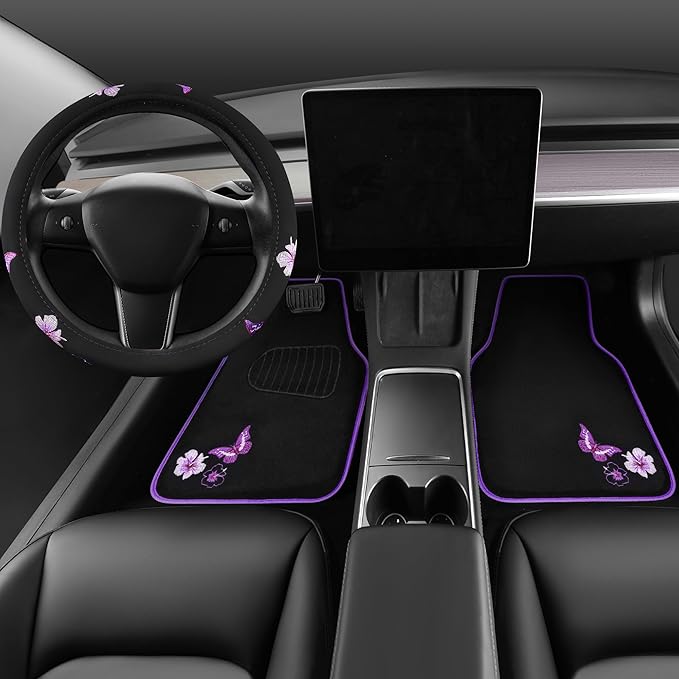 CAR PASS Butterfly Steering Wheel Cover and Waterproof Car Floor Mats,Purple Car Mats 14.5-15inch Steering Wheel Covers Universal Fit for Suvs,Sedans Cars,for Women Girl(Black and Purple)