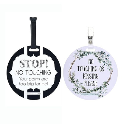 (Three Little Tots) No Touching Baby Car Seat and Stroller Two Pack- Baby Safety No Touching Car Seat Sign, Stroller Sign, Newborn Car Seat Tag- CPSIA Safety Tested (Eucalyptus/Black & White)
