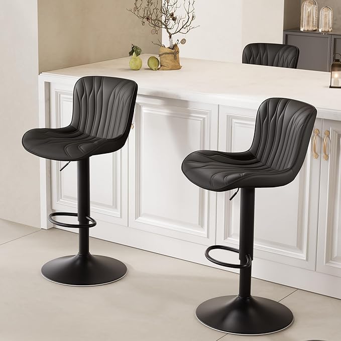 YOUNIKE Single Black Bar Stools Modern Swivel Counter Height Bar Chair with Back Adjustable Kitchen Island Faux Leather Padded Barstools taburetes de bar Breakfast sillas para barra de cocina 1PCS