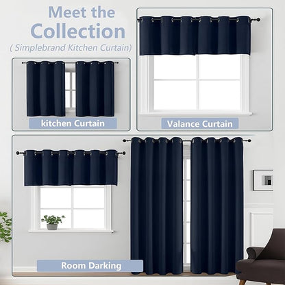 Simplebrand Navy Blue Kitchen Valances for Windows 18 Inches Long 2 Pack, Room Darkening Window Valances for Living Room, Grommet Short Straight Drape Kitchen Curtains for Bedroom Kids Room, 40Wx18L