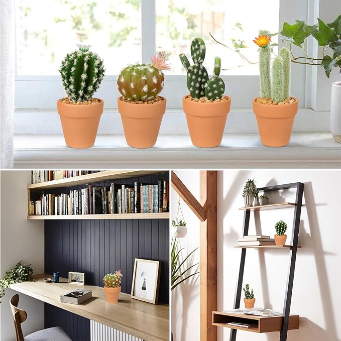 Oairse Mini Artificial Cactus Plants in Terracotta Pots 4 Pcs Potted Faux Succulents in Pots Fake Potted Plants Cactus Decor Small Artificial Plants for Home Decor Indoor Office Desk Tabletop Shelf