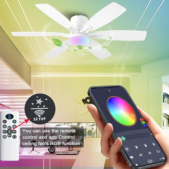 52inch White Ceiling Fans with Lights and Remote/App Control, Low Profile Ceiling Fan with Light and 6 Double-Side blades, Flush Mount, LED/RGB Dimmable DC Reversible Modern Ceiling Fan for