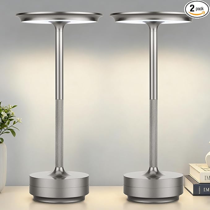 UdoUto 2-Pack Cordless Table Lamps Rechargeable - 5000mAh Battery Operated LED Table Light with Touch Stepless Dimming - Portable Silver Metal Outdoor Lamps for Patio, Restaurant, Dining