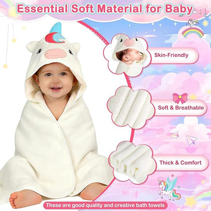 Flasoo 4 PCS Baby Towels Set, Soft Absorbent Baby Hooded Bath Towel, 1 Baby Towel and 3 Baby Washcloths for Newborns, Toddlers, and Kids, 32x32 inch Baby Towel for Boy and Girl (White Unicorn)