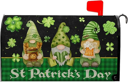 St Patricks Gnomes Mailbox Cover - Shamrock Mailbox Covers Magnetic Standard Size 21x18 in -Decoration for Garden - Green Clover