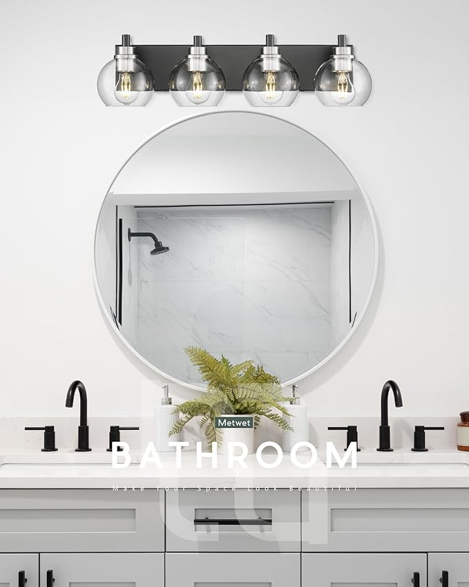 Bathroom Light Fixtures, 4-Light Black and Brushed Nickel Bathroom Vanity Light, 26 Inch Modern Wall Sconces with Globe Clear Glass Shade, Vanity Lighting Fixtures Over Mirror, VL195-KN-4