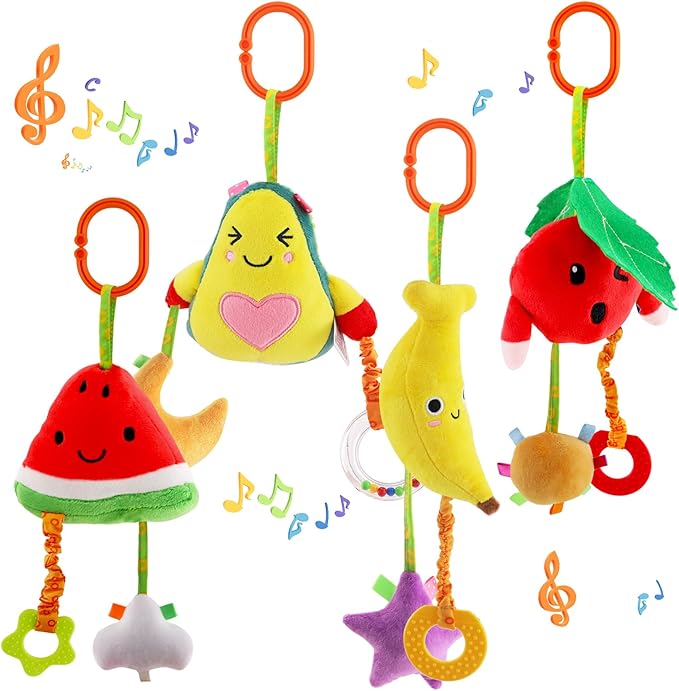 KAKIBLIN Baby Hanging Toys, 4 Pack Carseat Toys,Early Baby Cognitive Sensory Soft Hanging Toy for Crib Stroller Gym Mobile Plush Toy,Suitable for Babies 0-12 Months,Fruit