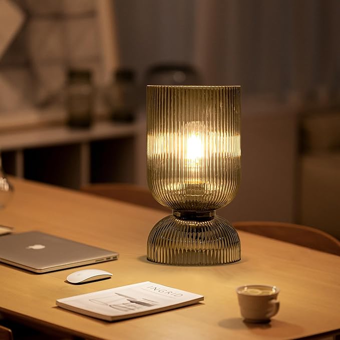 Modern Table Lamp,Glass Mid Century Lamp with Smoky Gray Glass Shade, Bedside Lamp with On/Off Switch, Minimalist Nightstand Lamp for Bedroom, Living Room, Office (Bulb not Included)
