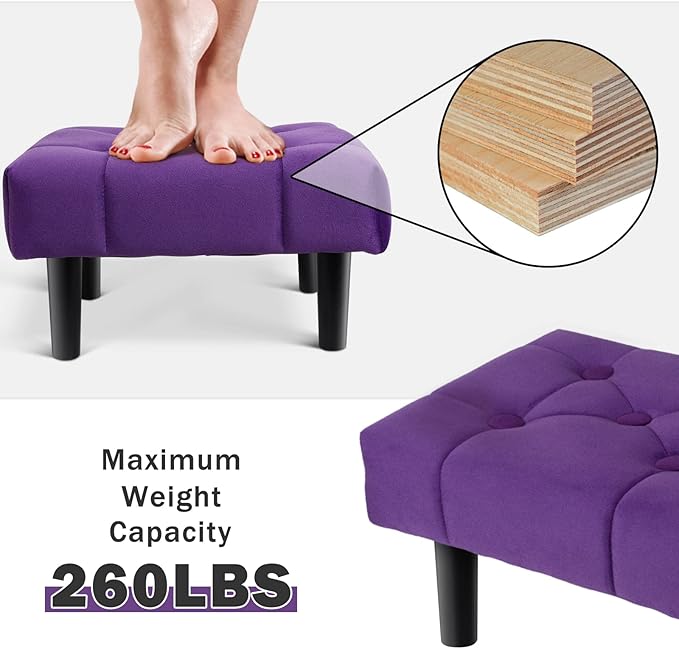 HOUCHICS Small Footstool Ottoman, Velvet Wooden Foot Stool Ottoman with Wood Legs, Sofa Footrest Extra Seating for Living Room Entryway Office(Purple 1PACK)