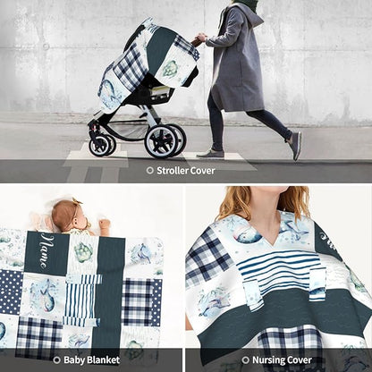 Personalized Whale Sea Life Baby Car Seat Canopy for Babies with Name, Custom Car Seat Covers for Boys Girls, Opening Minky Nursing Breastfeeding Cover Infant Carseat Canopies for Newborn