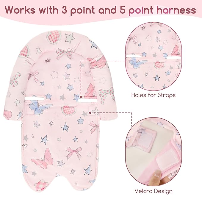 GFU Baby Car Seat Head Support for Newborn, 2 in 1 Infant Car Seat Head Body Support with Strap Pads, Soft Stroller Cushion Pillow Insert for Girls, Fits for Stroller, Swing, Pink Stars