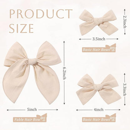 YHXX YLEN 5PCS Khaki Cotton Linen Hair Bows for Girls Handmade Alligator Clip Hair Accessories for Babies Infant Toddlers Kids(5inch×1, 4inch×2, 3.5inch×2)