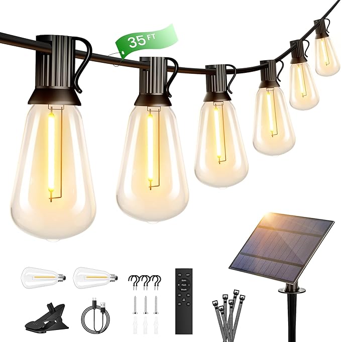 OHLUX 35FT Solar Globe String Lights Outdoor, Waterproof Solar Patio Lights with Remote, 17 Shatterproof LED Filament ST38 Bulbs, 2200K Soft White Dimmable Edison Hanging Lights for Gazebo Deck