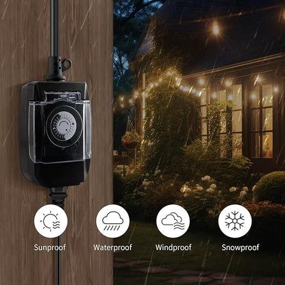 Outdoor Timer Outlet Waterproof, 24 Hour Mechanical Timer Outlet for Home and Garden, Single Grounded, 15A 3/4HP, Black, 1 Pack