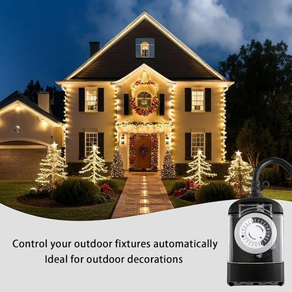 Outdoor Timer Outlet Waterproof, 24 Hour Mechanical Timer Outlet for Home and Garden, 2 Grounded, 15A 3/4HP, Black, 1 Pack