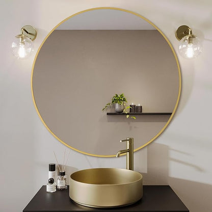 Gold Round Mirror,Bathroom 30 Inch Vanity Wall Mirror,Modern Circle Mirror for Wall,Wood Mirror for Bedroom Living Room Entryway