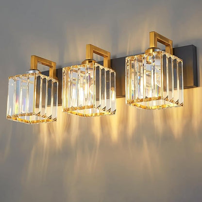 Modern Bathroom Vanity Light 3-Lights Black Gold Crystal Wall Lamp Bathroom Modern Crystal Vanity Lighting