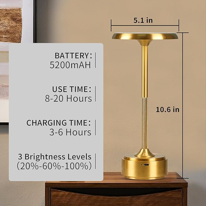 HAPYGI 5200mAh Rechargeable Cordless LED Table Lamps Touch Sensor Light, 3-Levels Portable Dimming Wireless Battery Operated Lamp,Night Light/Restaurant Table/Outdoor/Coffee/Bar (Gold Set of 2)