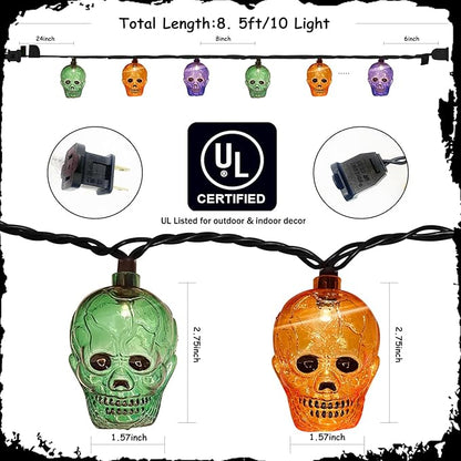 GOOTHY Halloween Skull String Lights 8.5Ft Outdoor Halloween Decorations Lights with 10 LED Orange Purple Green Skeleton Light, Plug in Skeleton Lights for Indoor Party Window Patio Bedroom Decor