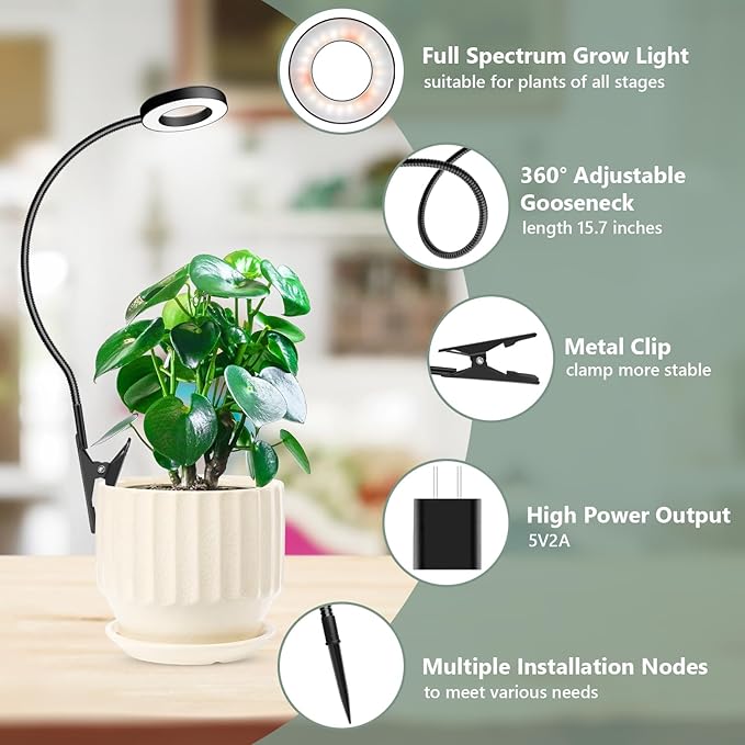 Clip on Grow Light, 6000K Halo Plant Lights for Growing Small Plants, LED Full Spectrum Grow Lamp with 6/12/16H Timer, 5 Dimmable, 3 Modes, 2 Installation Options Clip or Plug