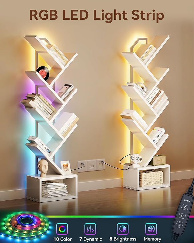 Casaottima White Tree Bookshelf with LED Light Strip — 6-Tier Small Floor Standing Bookcase, Narrow Steel & Wood Book Organizer Shelf with Cabinet, Home Decor for Living Room/Bedroom/Home Office