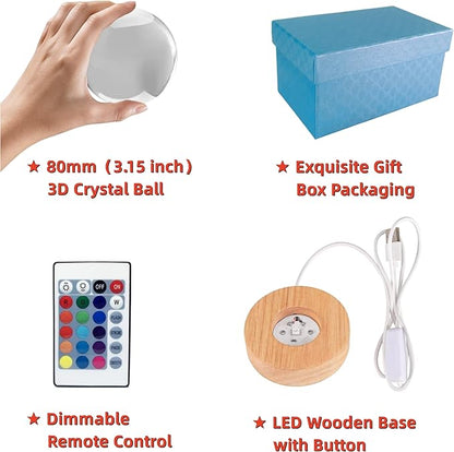 Dog Crystal Ball Lamp,3.15 inch 3D K9 Animal Crystal Ball Dog Night Light with Wooden Base, Lamp Gift for Animals Lovers,16 Colors Change with Remote Control (J)