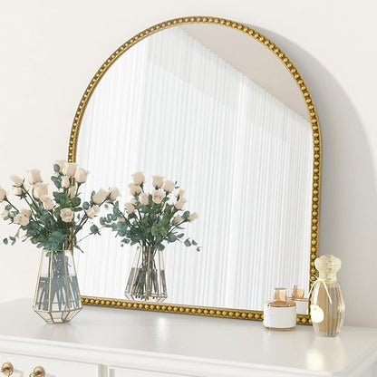 28x26 Inch Arched Bathroom Mirror, Antique Gold Wall Mirror Metal Beaded Frame, Vanity Mirror for Dresser Living Room Bedroom Mantel Entryway Hallways