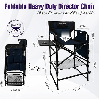 Tall Folding Directors Chair with Side Table 30.71" Seat Height Foldable Camping Chair Bar Stool for Makeup Artist Face Painting with Footrest and Storage Pocket Supports 350LBS