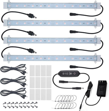 Litever Grow Light Strip Kit 36W with Timer, 4 pcs 16 Inches LED Grow Light Strips with Extension Cables, Mounting Accessories for Greenhouse, Grow Shelf. Perfect for Indoor Growing-(4-Strip-Kit)