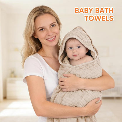 MIGIOL Muslin Hooded Baby Towels 100% Cotton ，Super Soft Muslin Baby Bath Towel - 32 x 32 Inches, Suitable for Newborn and Young Children up to 3 Years Old. (Beige & Coffee)