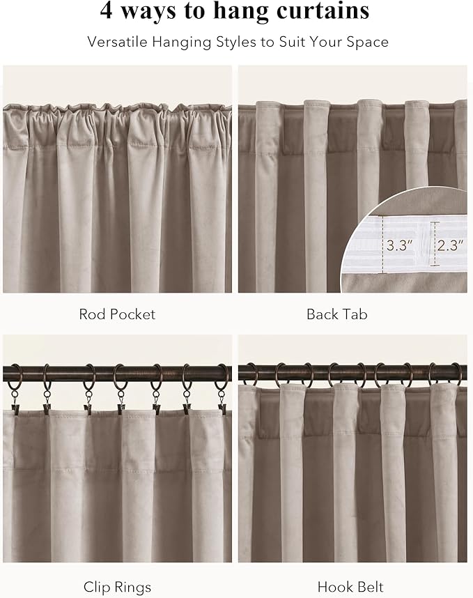 StangH Velvet Curtains Camel Beige, Thermal Insulated Room Darkening Drapes for Bedroom Living Room Home Theater, Decorative Rod Pocket Back Tab Curtain, 2 Panels, W52 x L72 inches