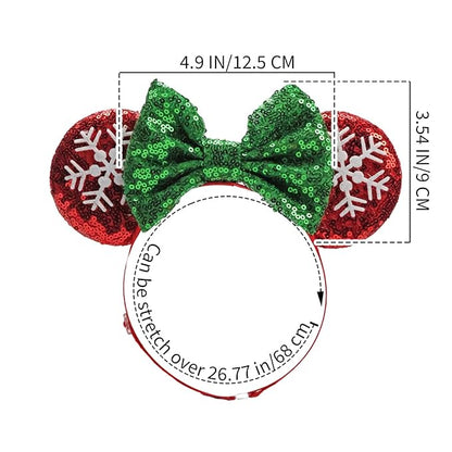 Christmas Red&Green Bow Adjustable Mouse Ears Headband, Elastic Hair Bow Hairband for Infant Toddlers Teens Baby Girls