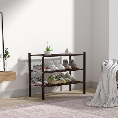 3 Tier Bamboo Shoe Rack for Closet Free Standing Wood Shoe Shelf for Entryway Small Space Stackable 27"x11"x20" (Brown)