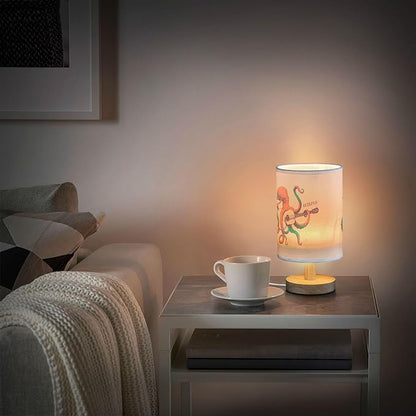 Table Lamp Vintage Octopus Play Guitar Ocean Marine Sea Life Design Nightstand Lamp with Wood Base Fabric Lamp Shade Bedside Desk Lamp for Living Room Bedroom Kids Room Office