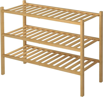 3 Tier Bamboo Shoe Rack for Closet Free Standing Wood Shoe Shelf Storage Organizer for Entryway Small Space Stackable 27"x11"x20" (Natural)