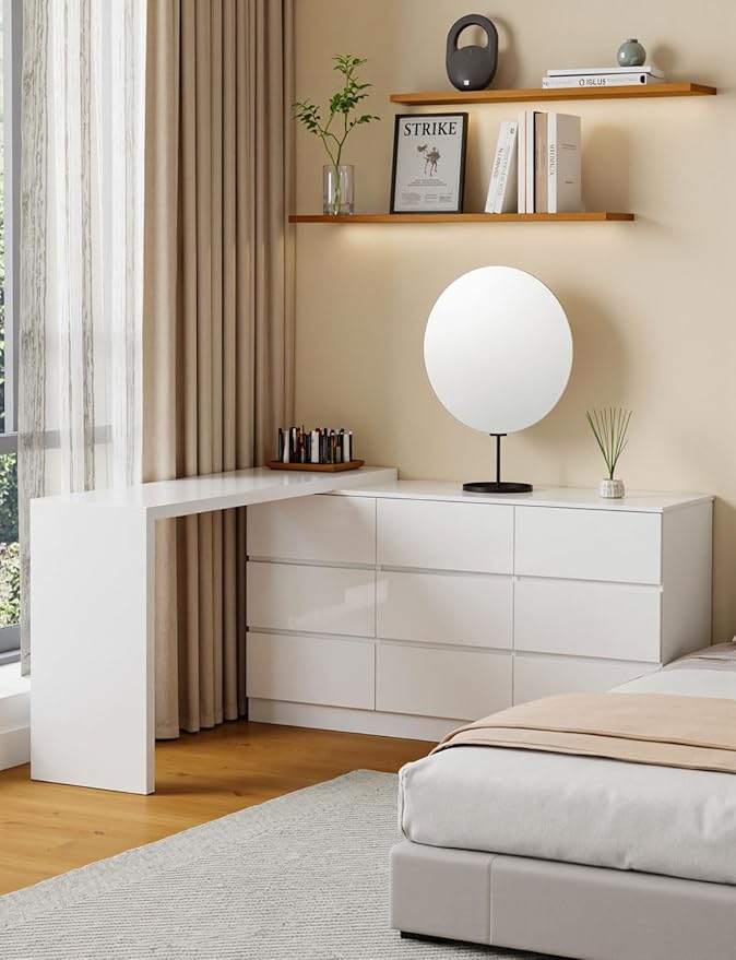 9 Drawer Vanity Dresser Combo with Extendable Table & L-Shaped Desk, White MDF Large Dresser with Deep Storage for Bedroom, Adjustable Desk and Vanity Combo for Small Spaces