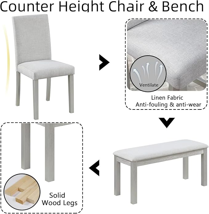 Dining Table Set for 5, 6 Piece Dining Room Table Set with Rectangular Crystal Decoration Table, 4 Upholstered Chairs and Bench, Counter Height Kitchen Sets with MDF Tabletop, Silver Gray