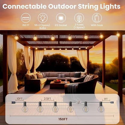 RTTY 150 FT Outdoor String Lights Patio Light for Outside, Waterproof G40 Shatterproof LED Bulbs, Dimmable Hanging Connectable Globe Lighting for Bistro, Backyard, Porch, Balcony, Cafe, Warm White