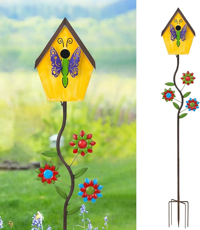 51” Bird Houses Stake for Outside, Metal Wild Bird Feeder Birdhouse Stake Pole with Butterfly Design Outdoor Decorations for Patio, Backyard, Garden