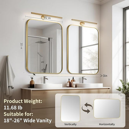 Gold Bathroom Mirror, 22x30 Inch Aluminum Frame Rectangle Mirror, Anti-Rust, Tempered Glass, Wall Mirror for Over Sink, Vanity, Bedroom, Entryway, Horizontal/Vertical