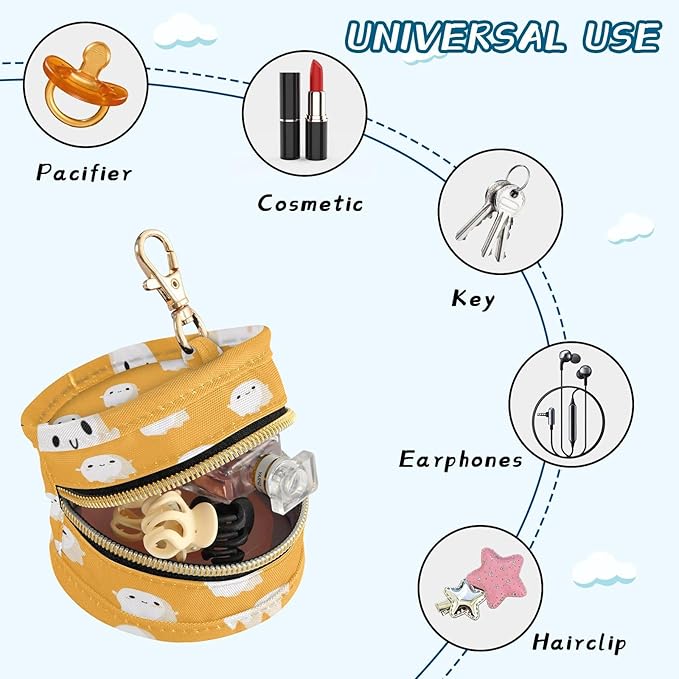 Pacifier Holder with Clip Pacifier Case for Diaper Bag Round Baby Pacifier Pouch Box Bag Portable Halloween Ghosts Light Orange